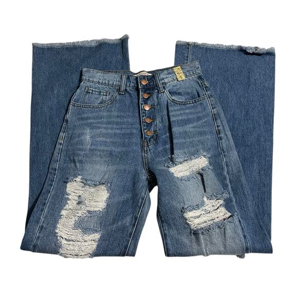 Vibrant Womens Jeans Juniors Size 5 Ripped Raw Hem Button Fly Wide Leg Denim - Picture 4 of 11
